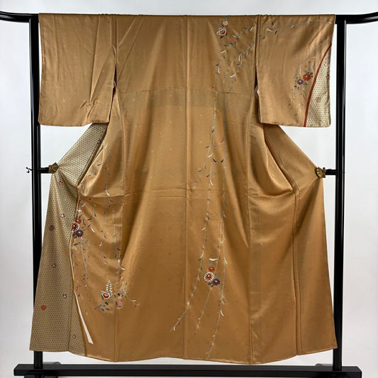 【美品】訪問服 身長152cm 袖長62.5cm S 雙層 菊花 橘 金絲 金銀彩 黃土 純蠶絲 秀品級