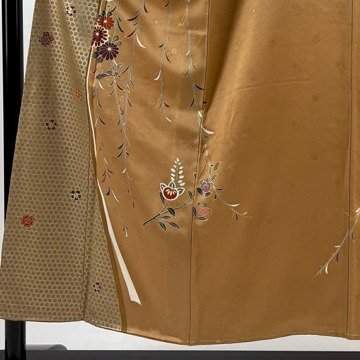【美品】訪問服 身長152cm 袖長62.5cm S 雙層 菊花 橘 金絲 金銀彩 黃土 純蠶絲 秀品級