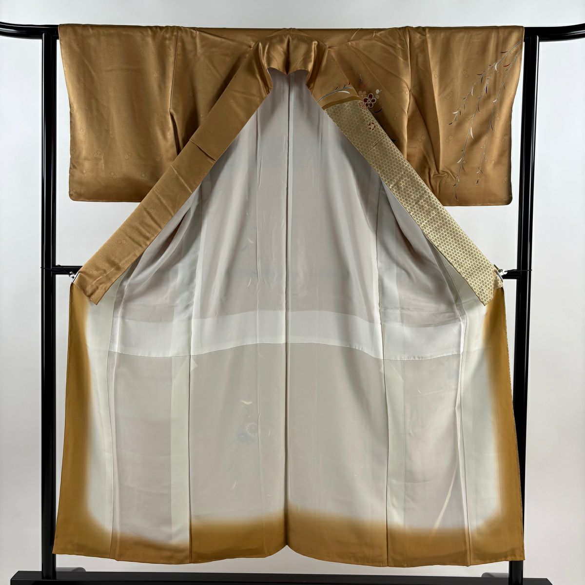 【美品】訪問服 身長152cm 袖長62.5cm S 雙層 菊花 橘 金絲 金銀彩 黃土 純蠶絲 秀品級