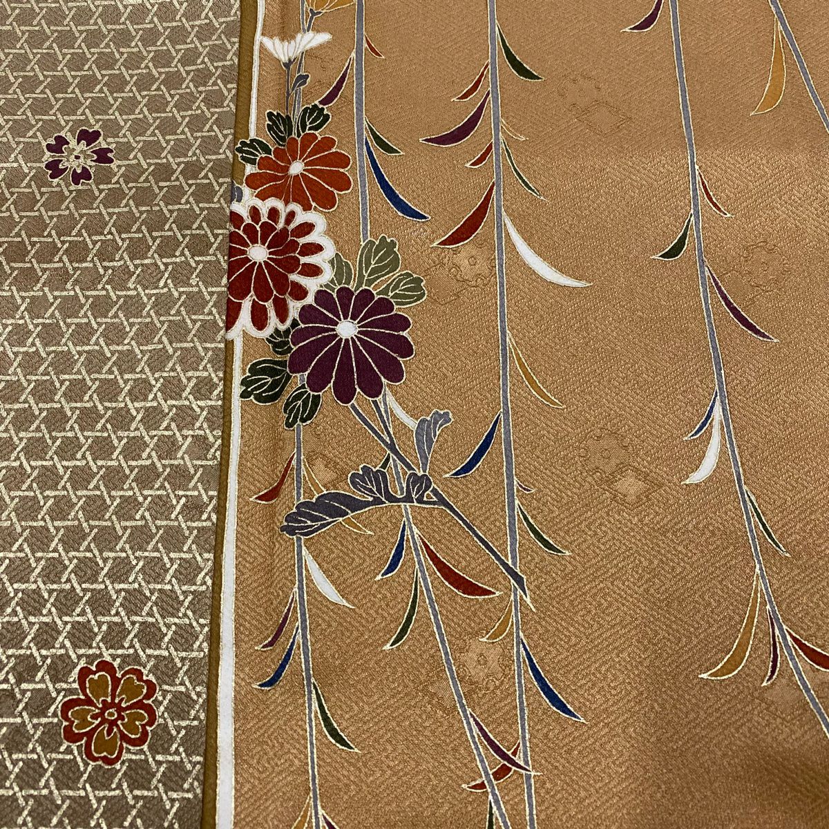【美品】訪問服 身長152cm 袖長62.5cm S 雙層 菊花 橘 金絲 金銀彩 黃土 純蠶絲 秀品級