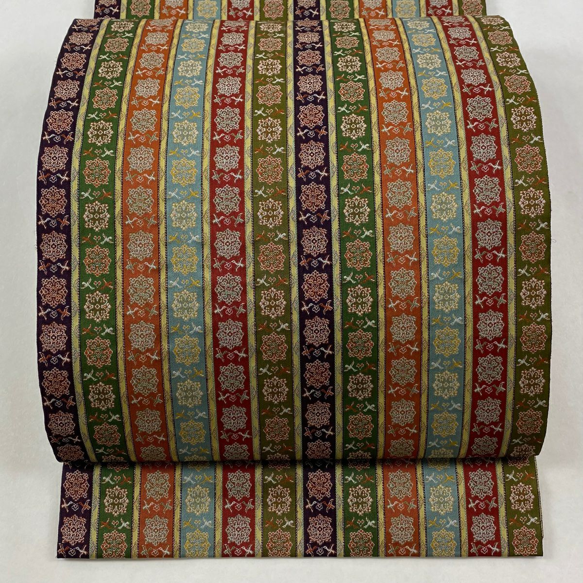 【美品】 開口名古屋帶 逸品級 龍村美術織物 雙層仕立 縞紋 花鳥 銀線 茶綠 純蠶絲