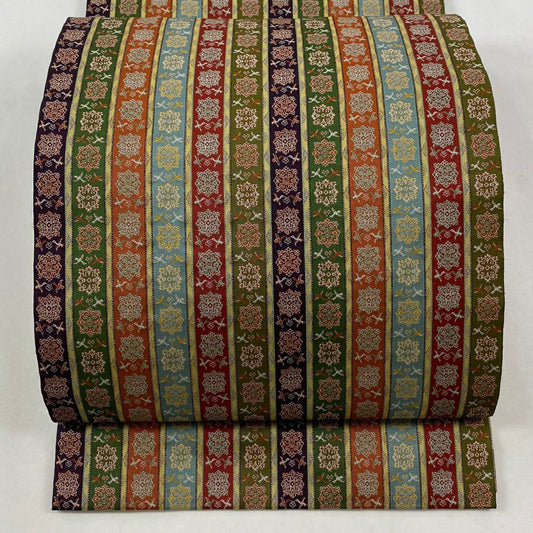 【美品】 開口名古屋帶 逸品級 龍村美術織物 雙層仕立 縞紋 花鳥 銀線 茶綠 純蠶絲
