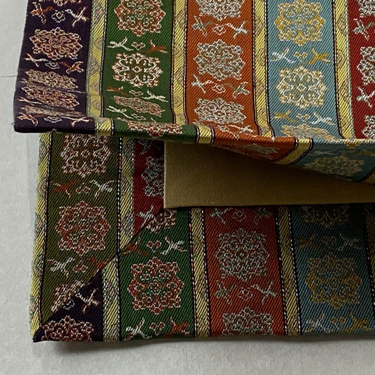 【美品】 開口名古屋帶 逸品級 龍村美術織物 雙層仕立 縞紋 花鳥 銀線 茶綠 純蠶絲