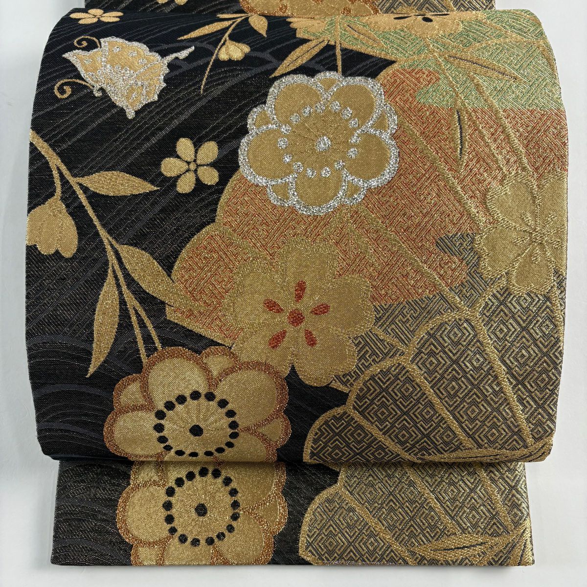 【美品】 袋帶 秀品級櫻花 蝴蝶 金絲 金金箔 墨色 六通 純蠶絲