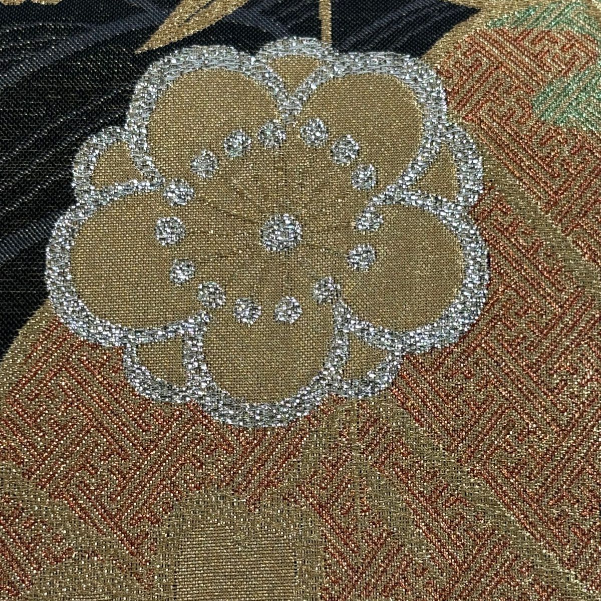 【美品】 袋帶 秀品級櫻花 蝴蝶 金絲 金金箔 墨色 六通 純蠶絲