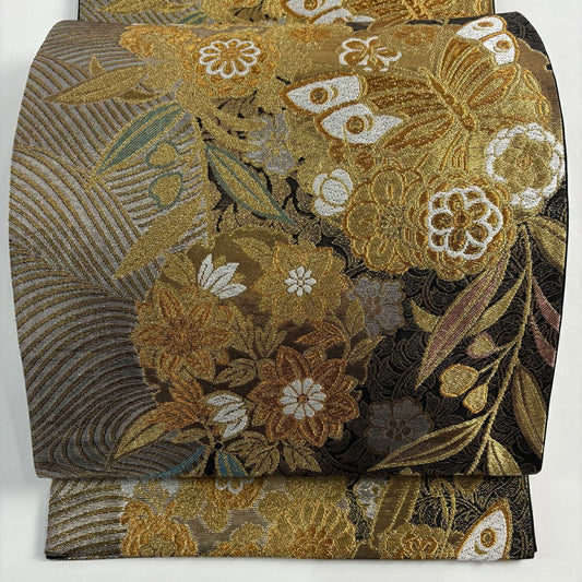 袋帶 秀品級 蝶 花丸紋 金絲 金金箔 黑 六通 純蠶絲