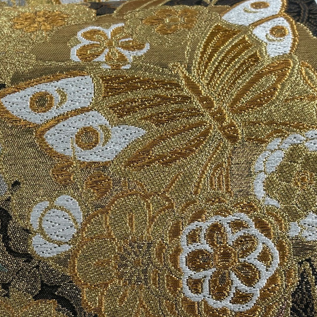 袋帶 秀品級 蝶 花丸紋 金絲 金金箔 黑 六通 純蠶絲