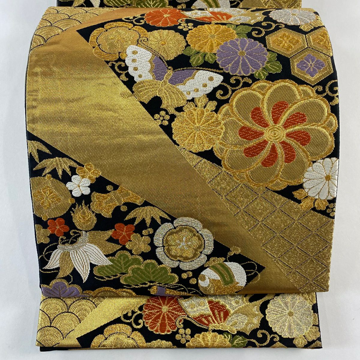 【美品】 袋帶 秀品級 鈴乃屋 草花紋紋 蝶 金銀彩 金金箔 黑 六通 純蠶絲
