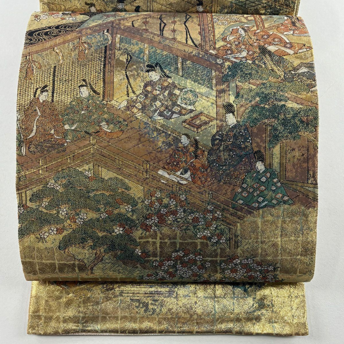 【美品】 袋帶 秀品級 人物 松樹竹子梅花 金絲 金金箔 金色 大鼓圖案 純蠶絲