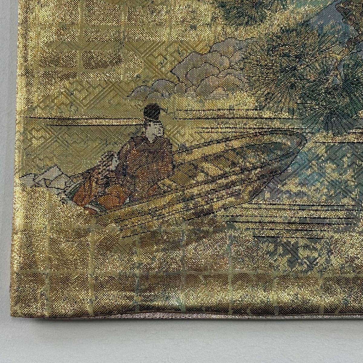 【美品】 袋帶 秀品級 人物 松樹竹子梅花 金絲 金金箔 金色 大鼓圖案 純蠶絲