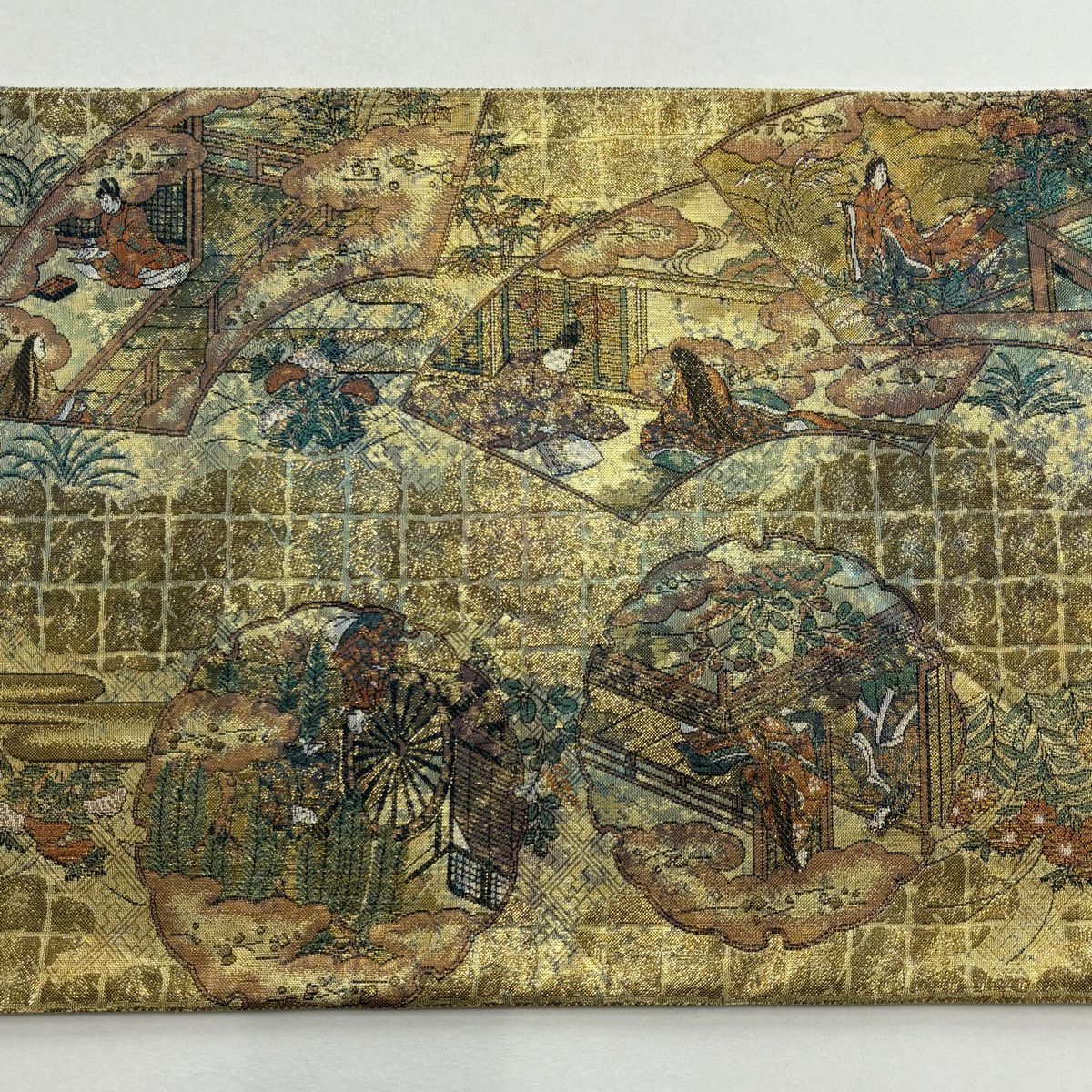 【美品】 袋帶 秀品級 人物 松樹竹子梅花 金絲 金金箔 金色 大鼓圖案 純蠶絲