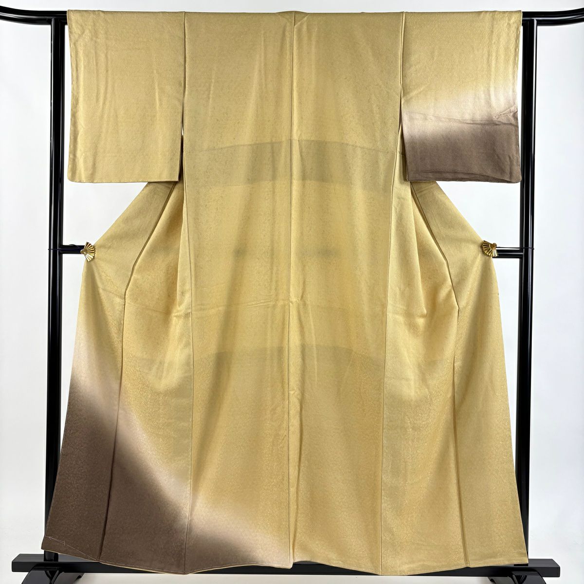 【美品】 付下 身長156cm 袖長63.5cm S 雙層 地紋 染分 ぼかし 芥末色 純蠶絲 秀品級