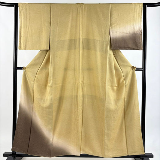 【美品】 付下 身長156cm 袖長63.5cm S 雙層 地紋 染分 ぼかし 芥末色 純蠶絲 秀品級