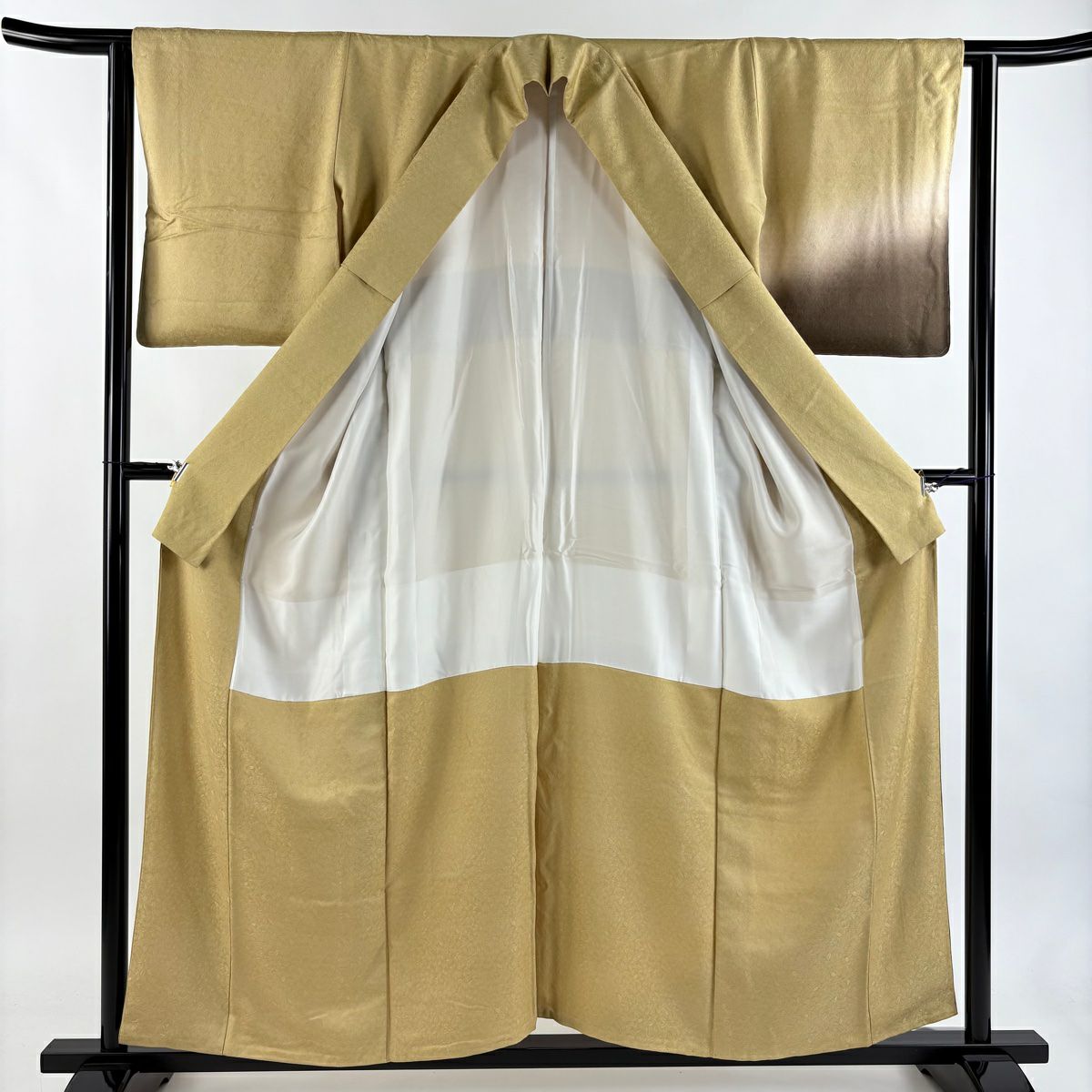 【美品】 付下 身長156cm 袖長63.5cm S 雙層 地紋 染分 ぼかし 芥末色 純蠶絲 秀品級