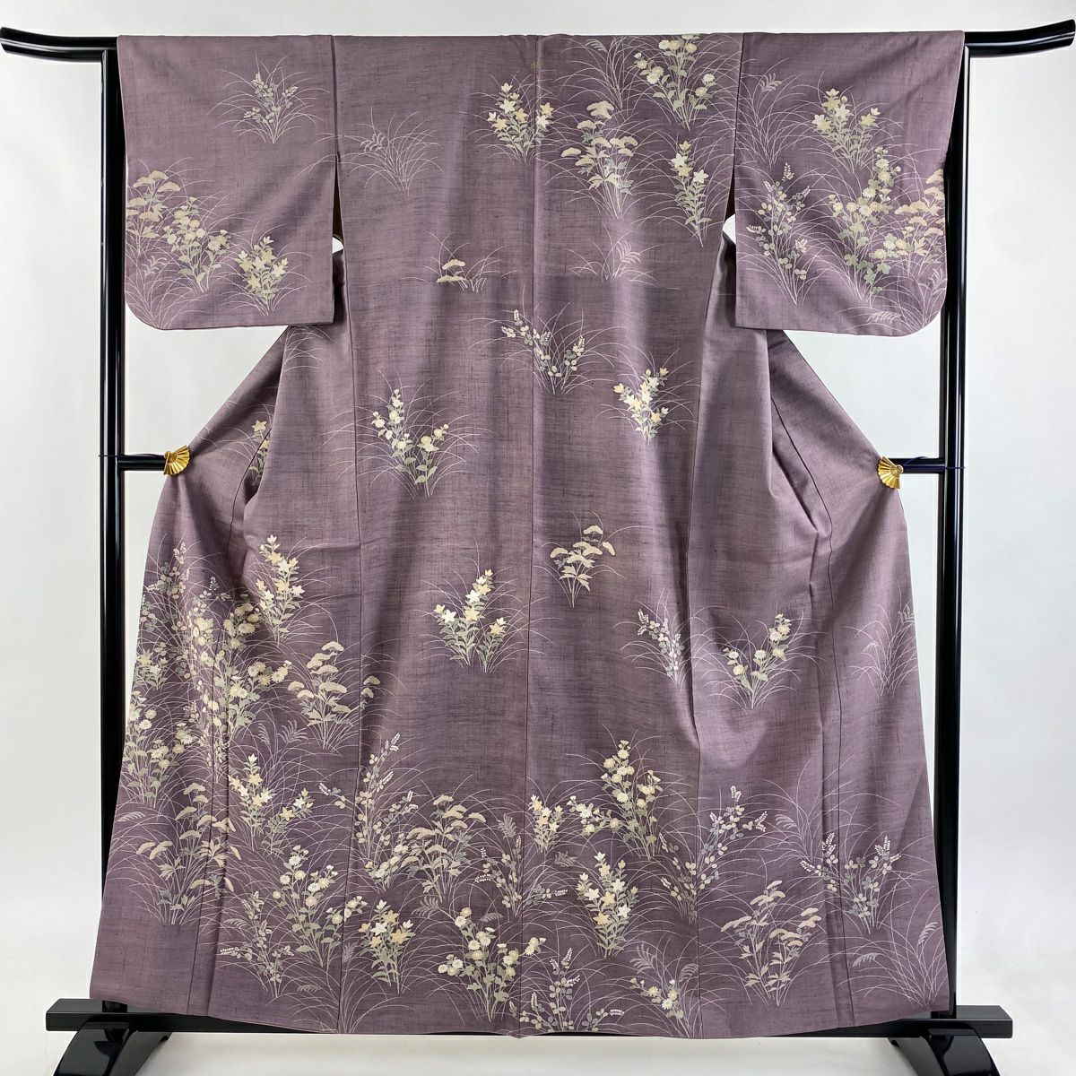 訪問服 身長160cm 袖長65cm M 雙層 秋草 紬織織 刺繡 紫 純蠶絲 秀品級 一つ紋