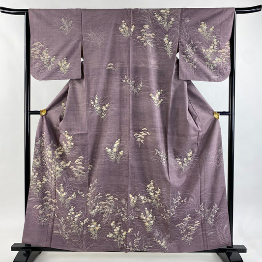 訪問服 身長160cm 袖長65cm M 雙層 秋草 紬織織 刺繡 紫 純蠶絲 秀品級 一つ紋