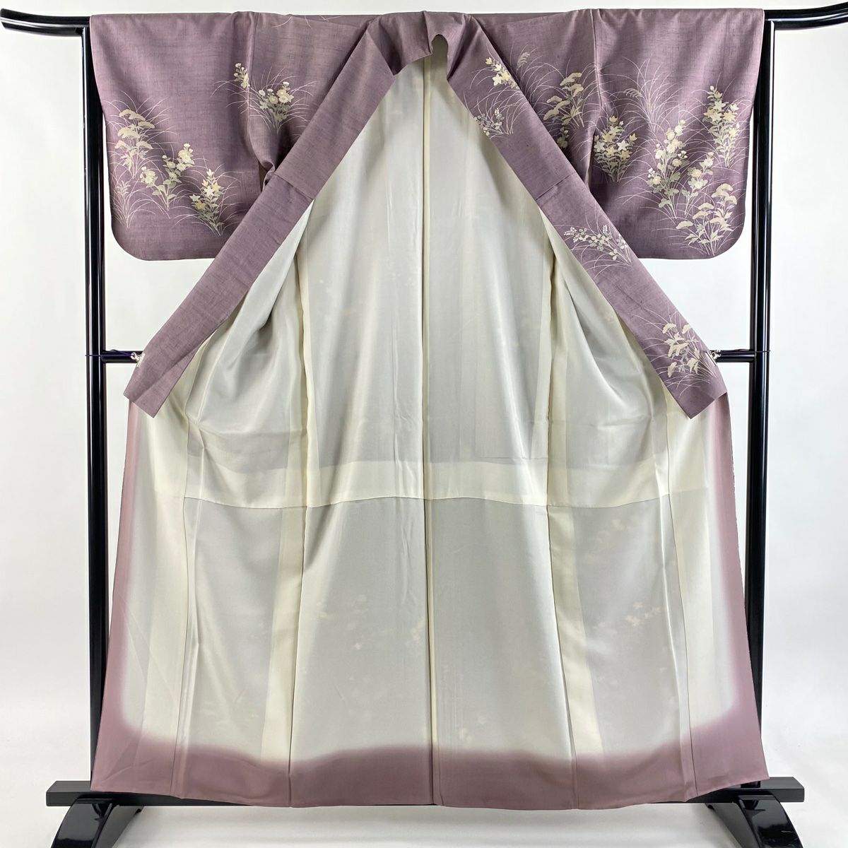 訪問服 身長160cm 袖長65cm M 雙層 秋草 紬織織 刺繡 紫 純蠶絲 秀品級 一つ紋