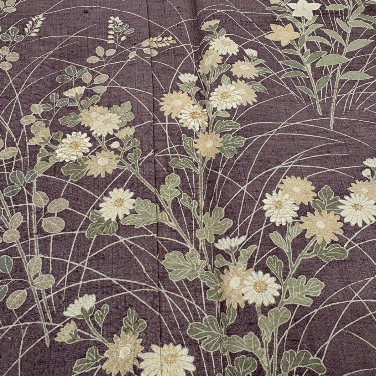 訪問服 身長160cm 袖長65cm M 雙層 秋草 紬織織 刺繡 紫 純蠶絲 秀品級 一つ紋