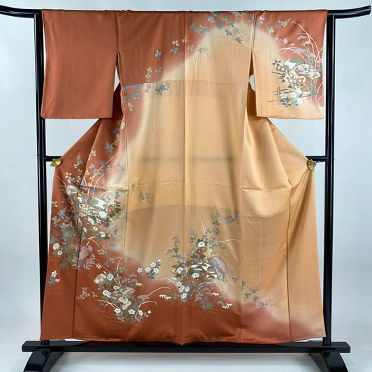 訪問服 身長157.5cm 袖長64cm M 雙層 扇子面 秋草 金銀彩 染分 橙色 純蠶絲 秀品級