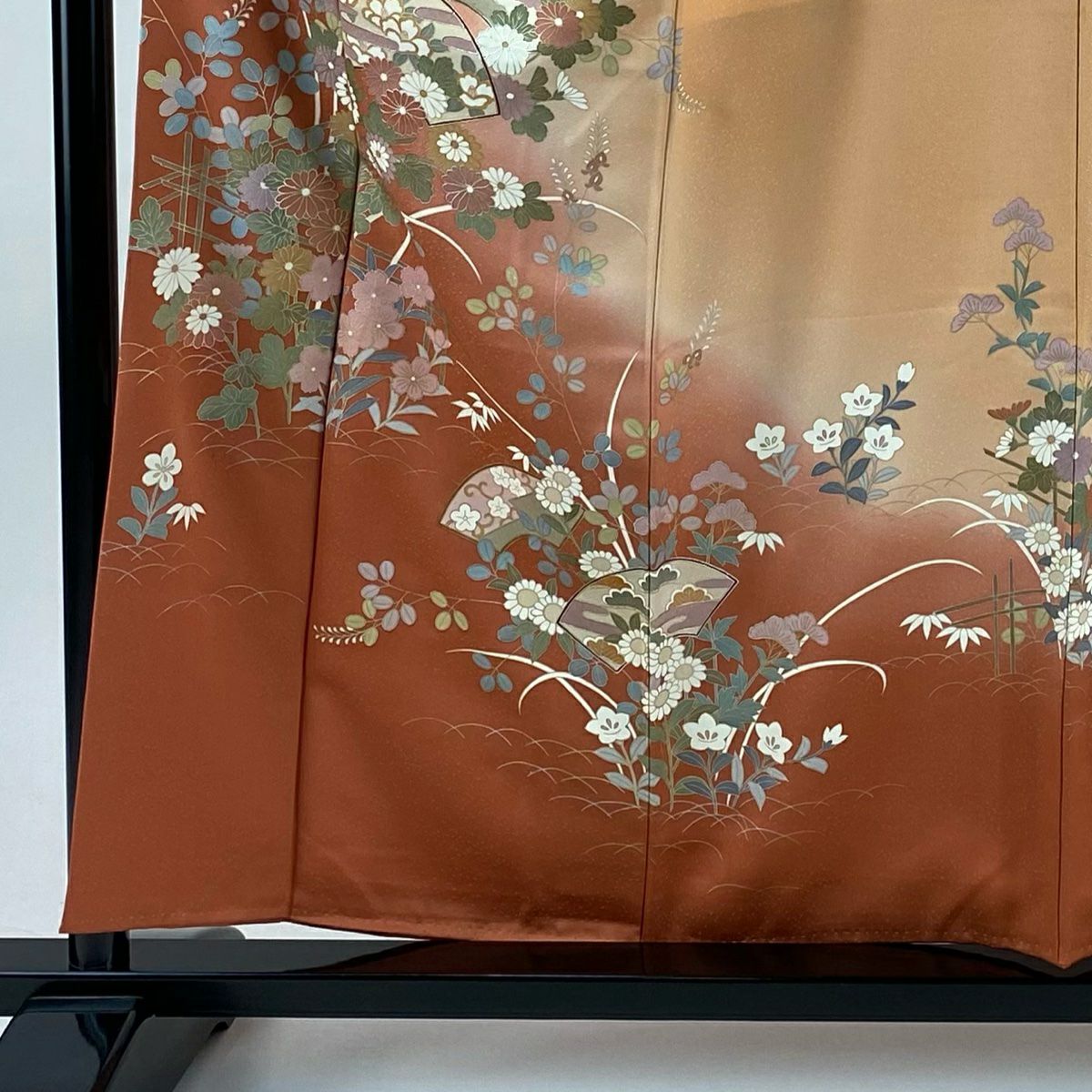 訪問服 身長157.5cm 袖長64cm M 雙層 扇子面 秋草 金銀彩 染分 橙色 純蠶絲 秀品級