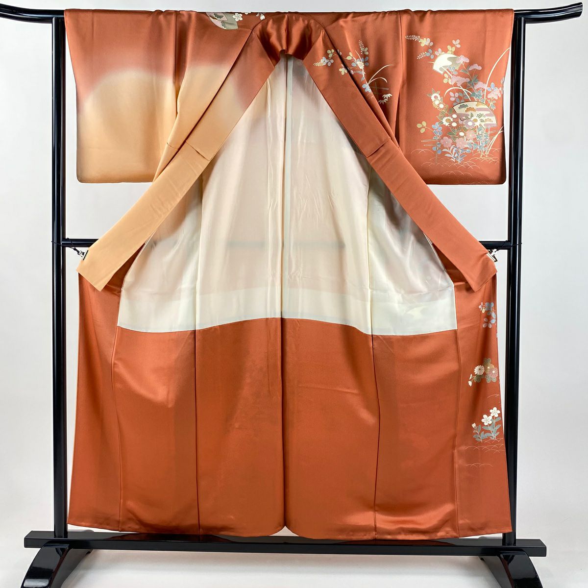 訪問服 身長157.5cm 袖長64cm M 雙層 扇子面 秋草 金銀彩 染分 橙色 純蠶絲 秀品級