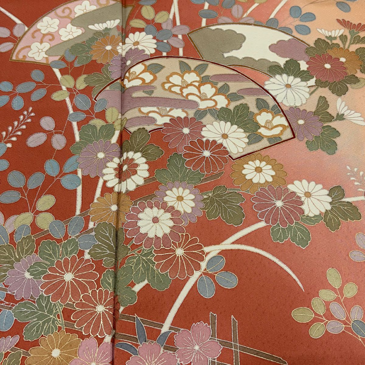 訪問服 身長157.5cm 袖長64cm M 雙層 扇子面 秋草 金銀彩 染分 橙色 純蠶絲 秀品級