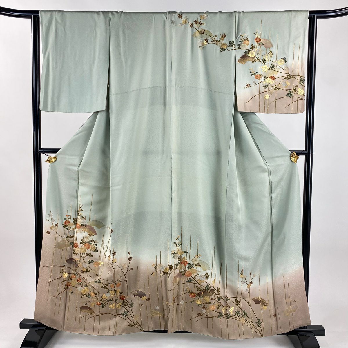 訪問服 身長159cm 袖長65cm M 雙層 扇子面 菊花 金彩裝飾 漸層 薄綠 純蠶絲 秀品級 一個紋