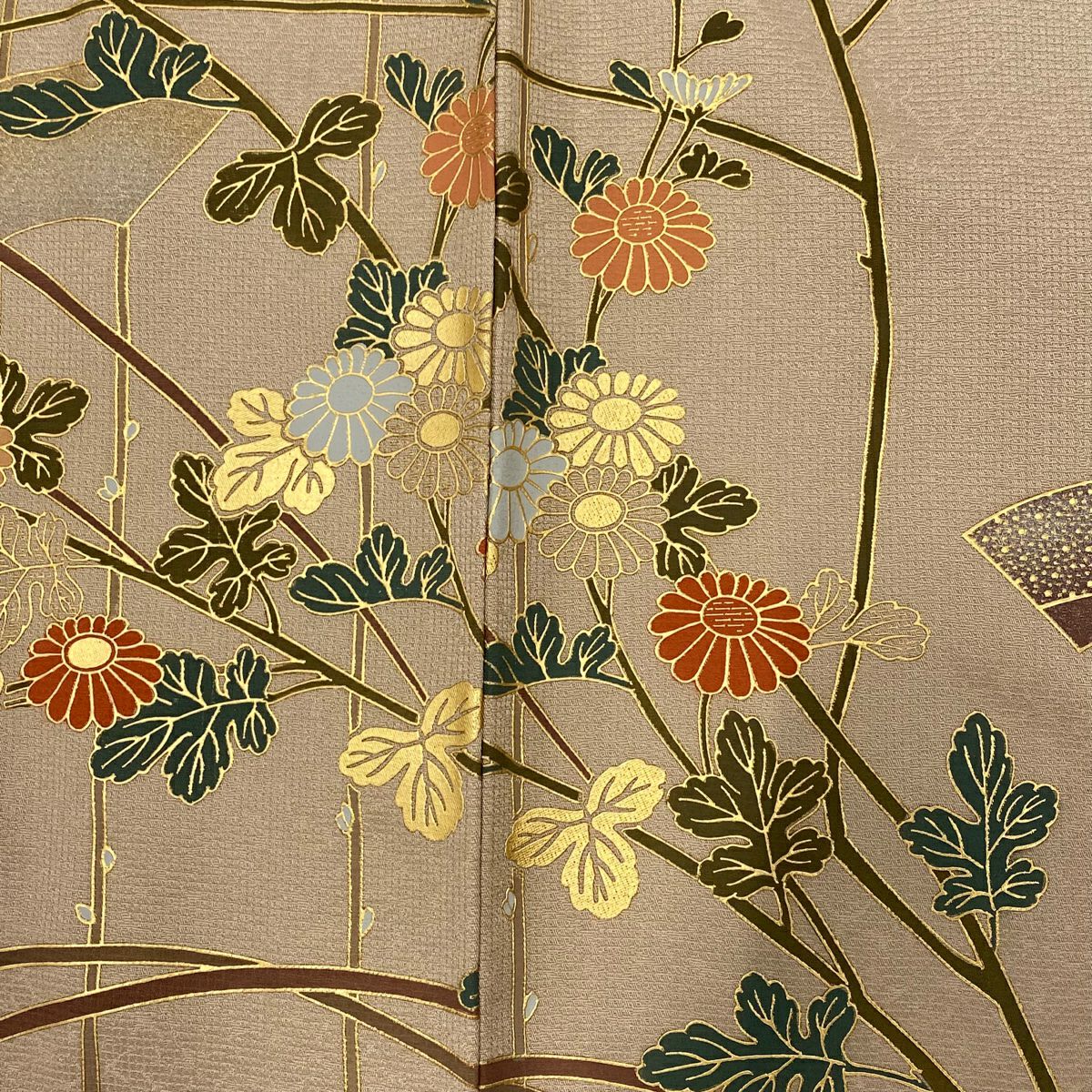 訪問服 身長159cm 袖長65cm M 雙層 扇子面 菊花 金彩裝飾 漸層 薄綠 純蠶絲 秀品級 一個紋