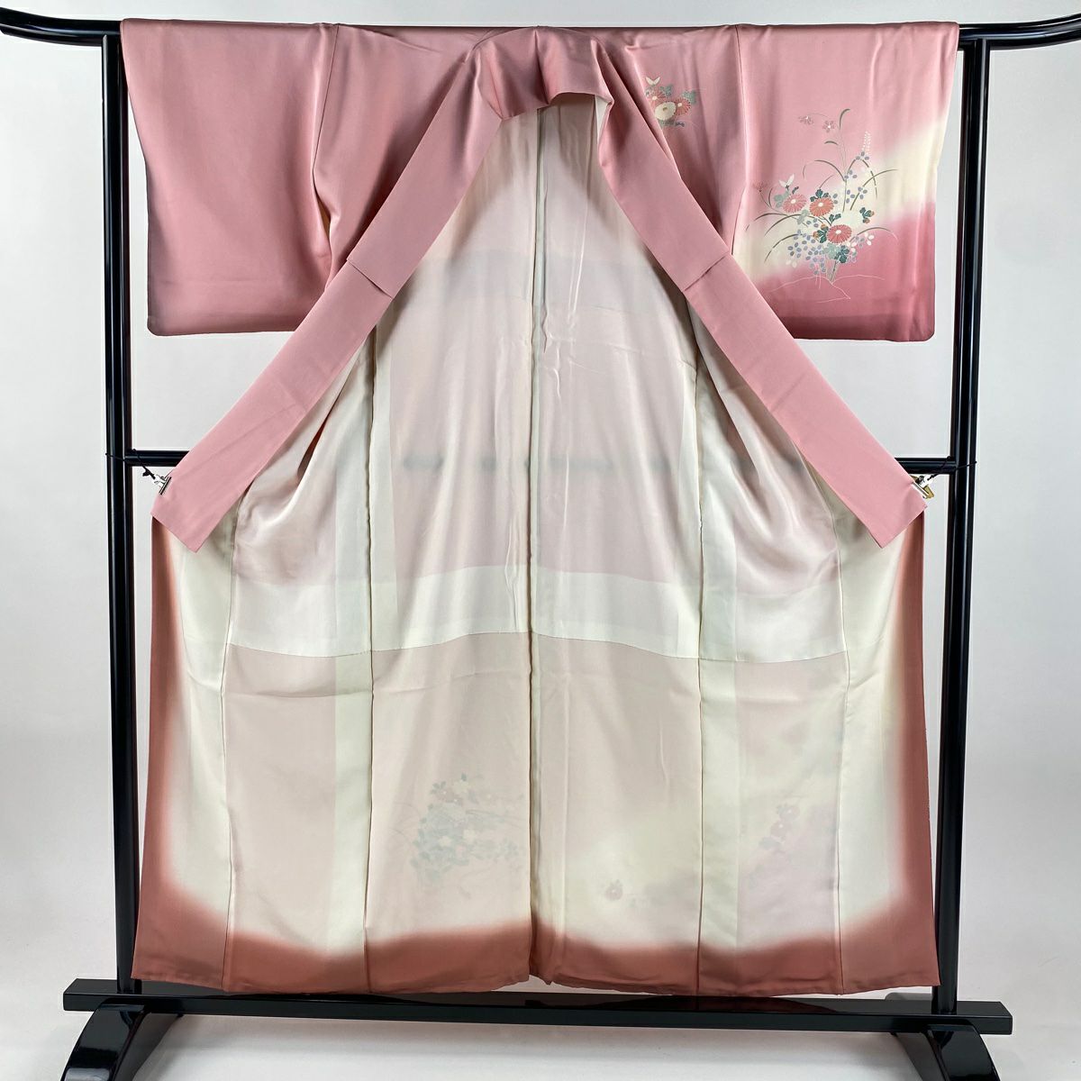付下 身長156.5cm 袖長64cm M 雙層 貝桶 菊花 漸層 粉紅 純蠶絲 優品級