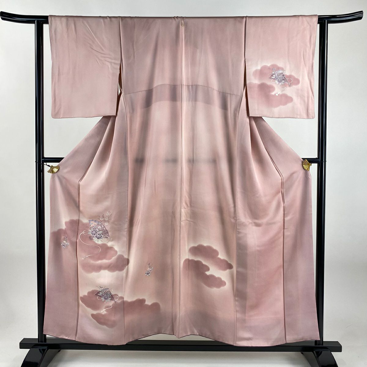 付下 身長154cm 袖長63cm S 雙層 檜扇子 草花紋紋 刺繡 漸層 粉紅 純蠶絲 秀品級 一個紋