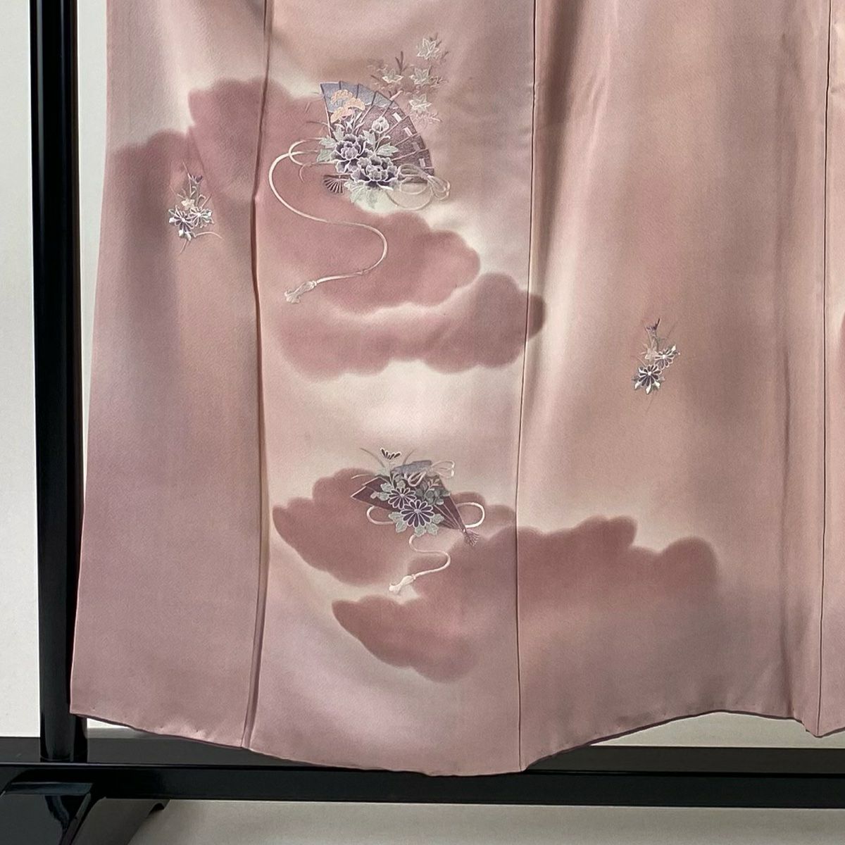 付下 身長154cm 袖長63cm S 雙層 檜扇子 草花紋紋 刺繡 漸層 粉紅 純蠶絲 秀品級 一個紋