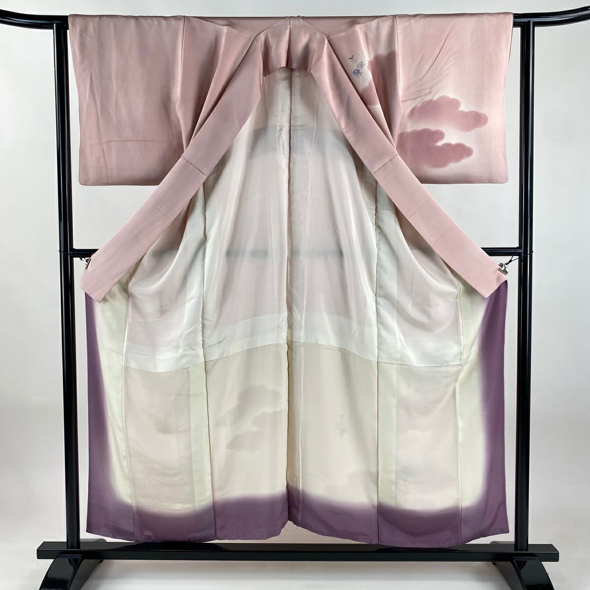 付下 身長154cm 袖長63cm S 雙層 檜扇子 草花紋紋 刺繡 漸層 粉紅 純蠶絲 秀品級 一個紋