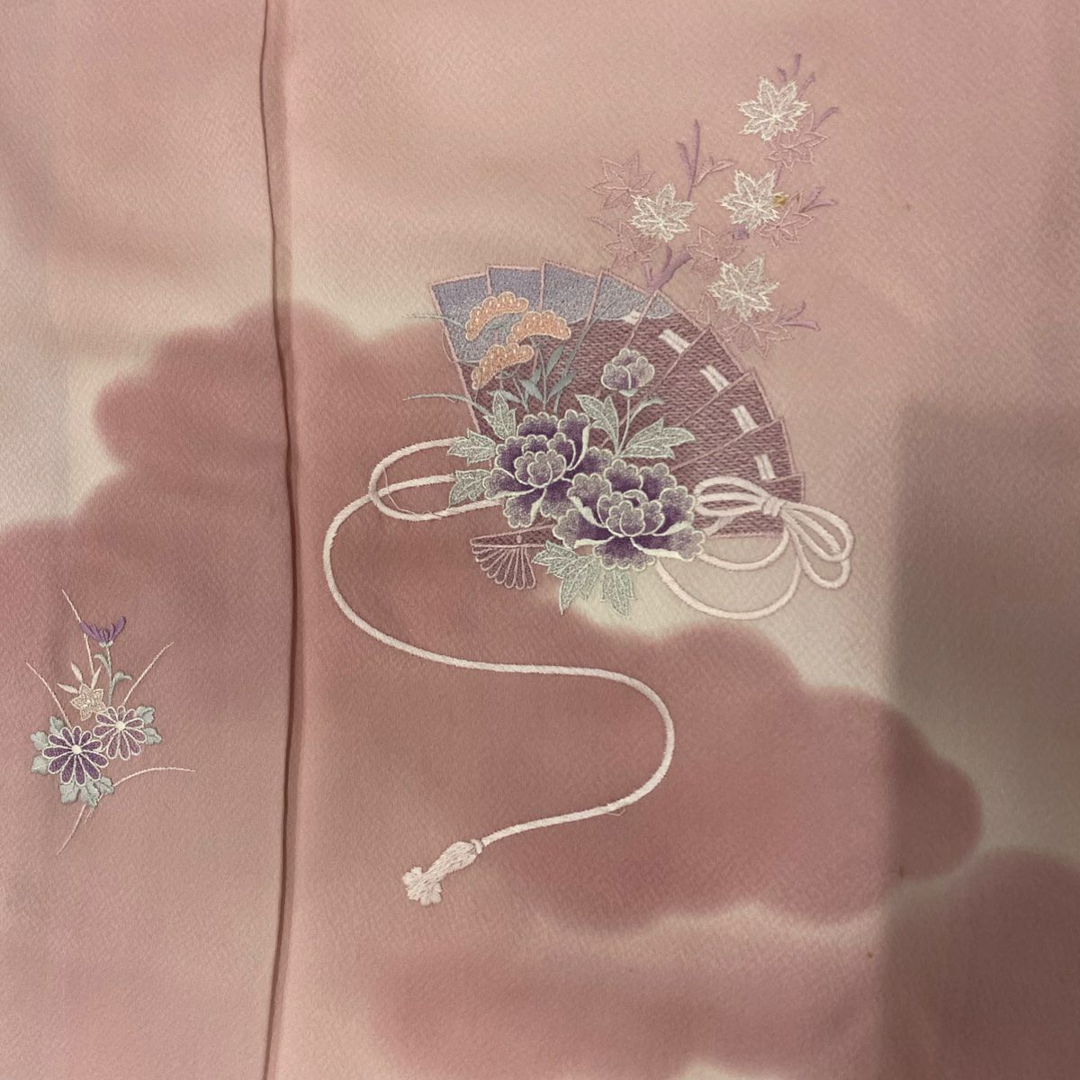 付下 身長154cm 袖長63cm S 雙層 檜扇子 草花紋紋 刺繡 漸層 粉紅 純蠶絲 秀品級 一個紋