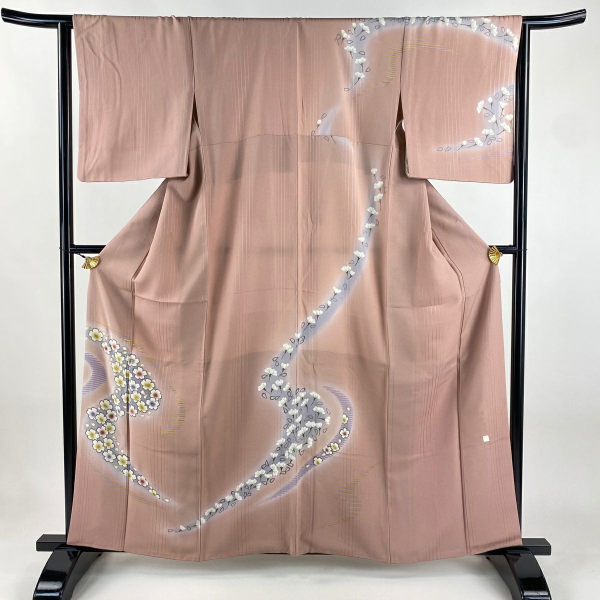 【美品】 付下 身長160.5cm 袖長64.5cm M 雙層 落款あり 櫻花 流水 刺繡 金金箔 粉色 純蠶絲 秀品級