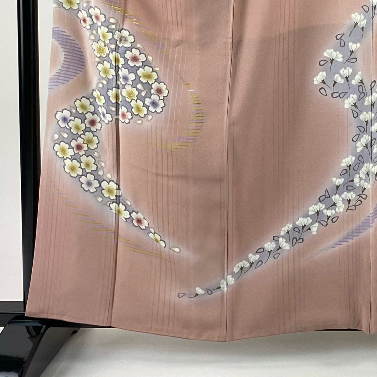 【美品】 付下 身長160.5cm 袖長64.5cm M 雙層 落款あり 櫻花 流水 刺繡 金金箔 粉色 純蠶絲 秀品級