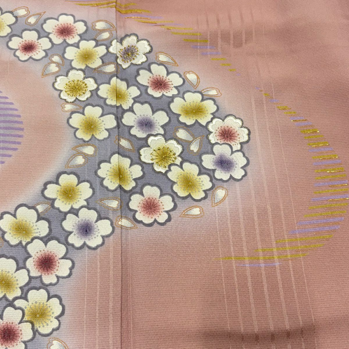 【美品】 付下 身長160.5cm 袖長64.5cm M 雙層 落款あり 櫻花 流水 刺繡 金金箔 粉色 純蠶絲 秀品級