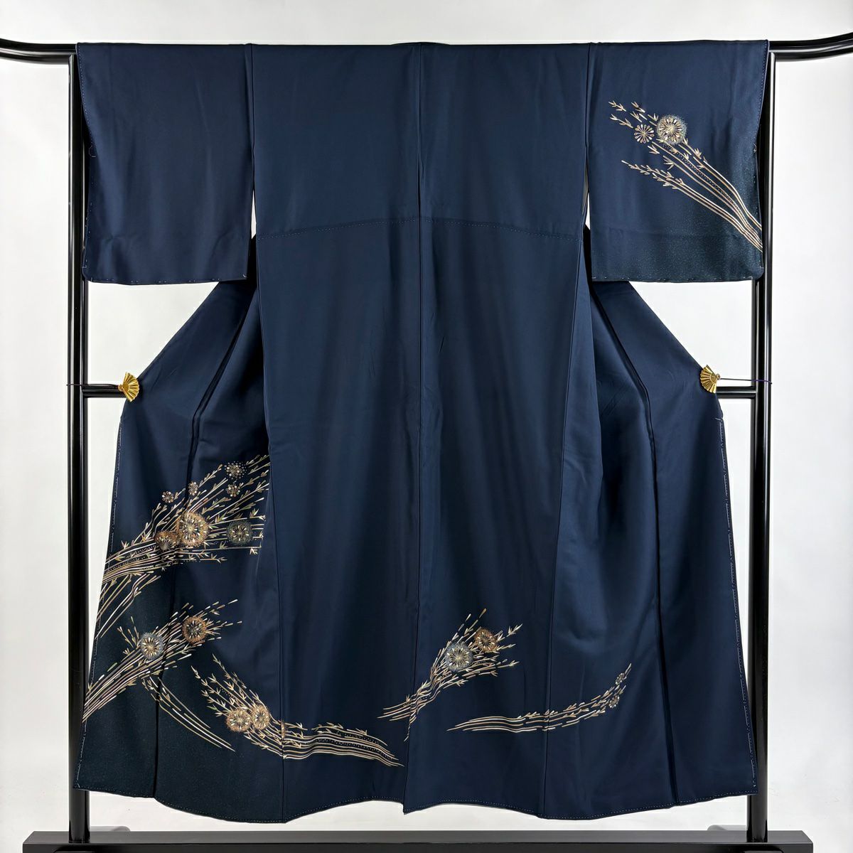 付下 身長150cm 袖長65.5cm M 雙層 花紋 葉紋 金銀彩 亮片 深藍 純蠶絲 優品級