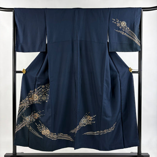 付下 身長150cm 袖長65.5cm M 雙層 花紋 葉紋 金銀彩 亮片 深藍 純蠶絲 優品級