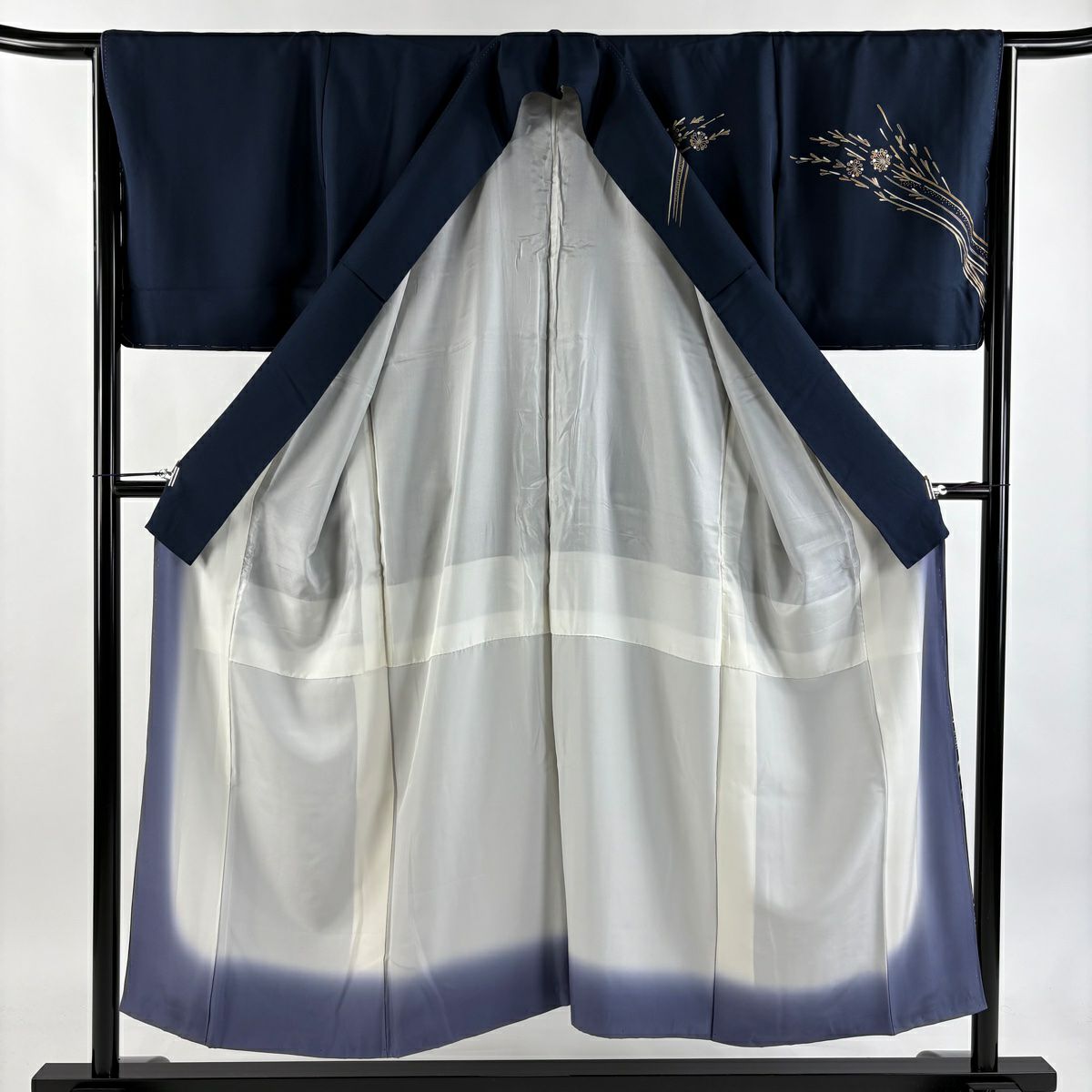 付下 身長150cm 袖長65.5cm M 雙層 花紋 葉紋 金銀彩 亮片 深藍 純蠶絲 優品級
