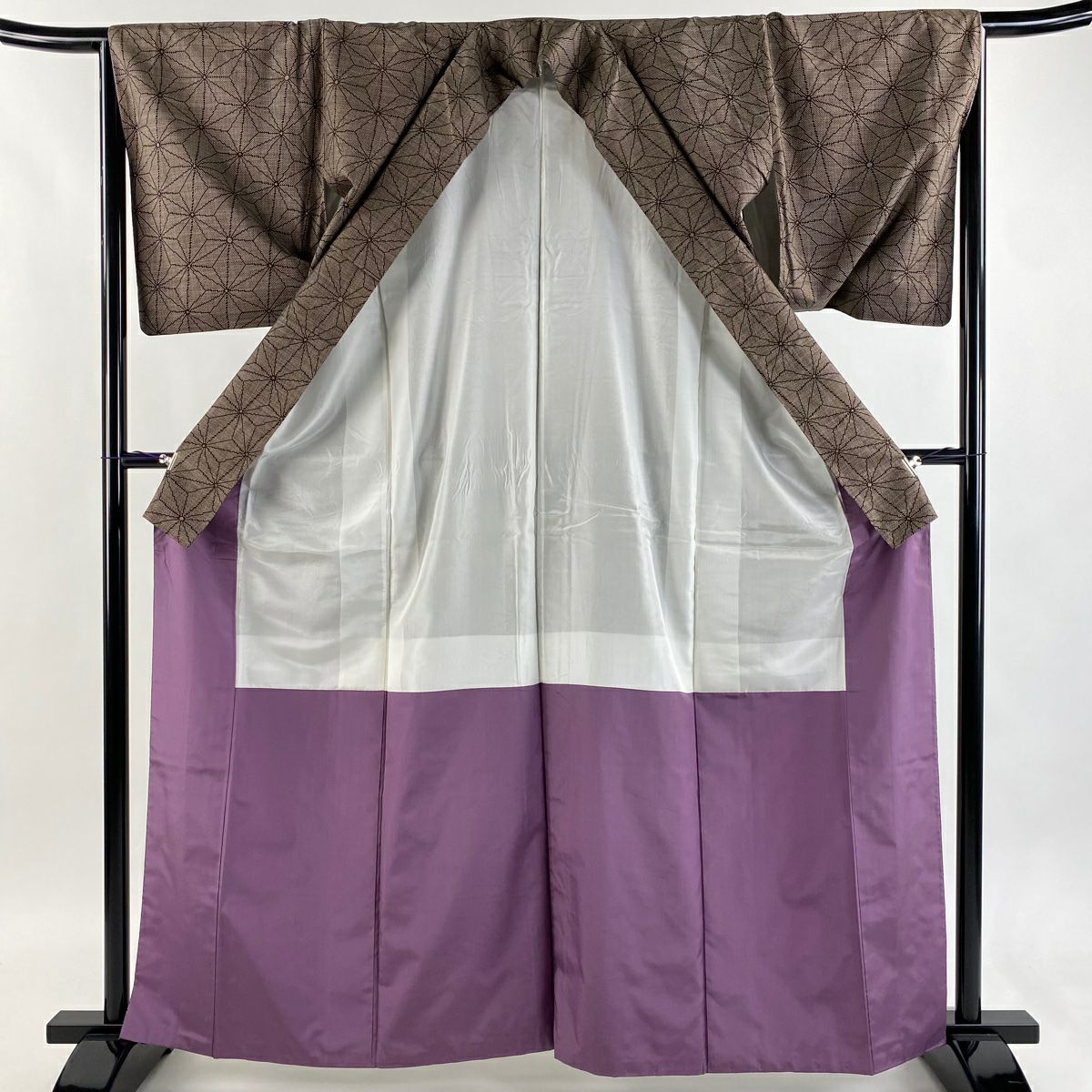 【美品】 大島紬織 身長161.5cm 袖長65cm M 雙層 純泥染 證書附 麻葉 焦茶 純蠶絲 優品級