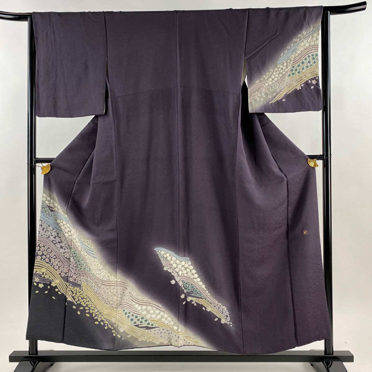 付下 身長154cm 袖長64cm M 雙層 落款有 櫻花花瓣 絞染 刺繡 深紫 純蠶絲 名品級
