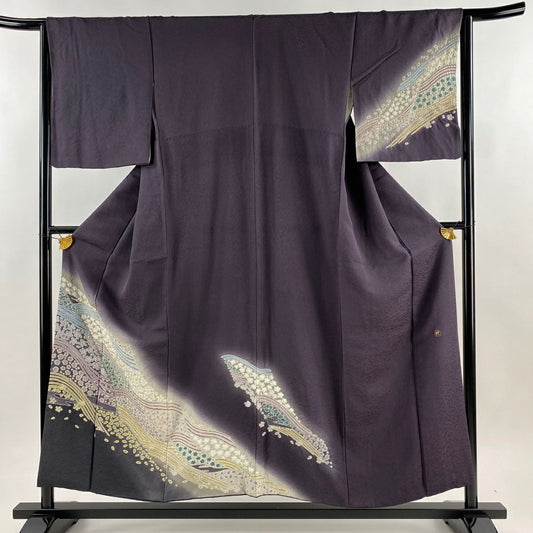 付下 身長154cm 袖長64cm M 雙層 落款有 櫻花花瓣 絞染 刺繡 深紫 純蠶絲 名品級