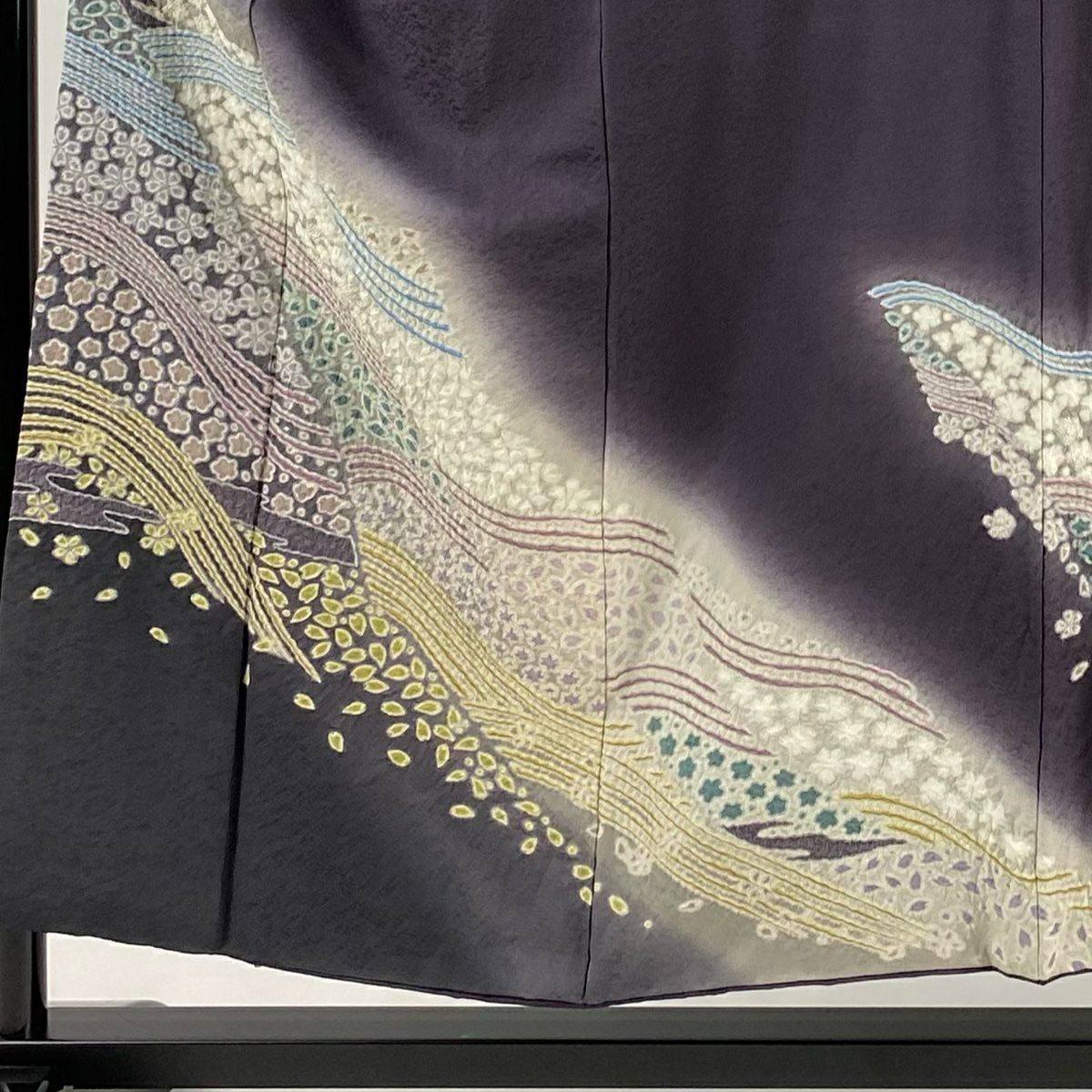 付下 身長154cm 袖長64cm M 雙層 落款有 櫻花花瓣 絞染 刺繡 深紫 純蠶絲 名品級