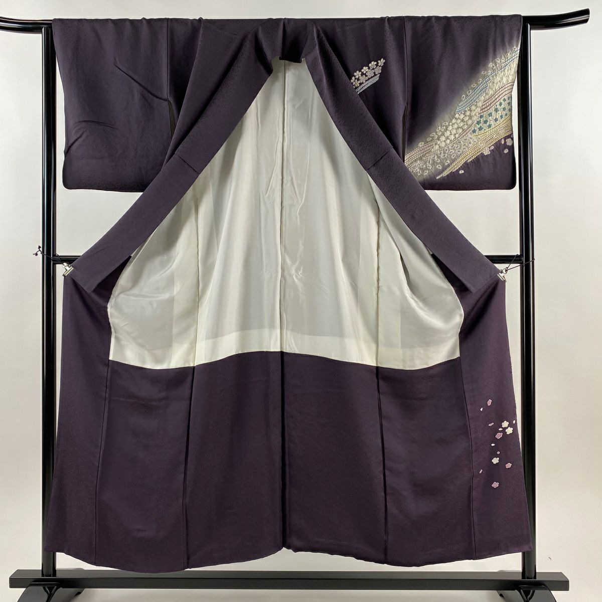 付下 身長154cm 袖長64cm M 雙層 落款有 櫻花花瓣 絞染 刺繡 深紫 純蠶絲 名品級
