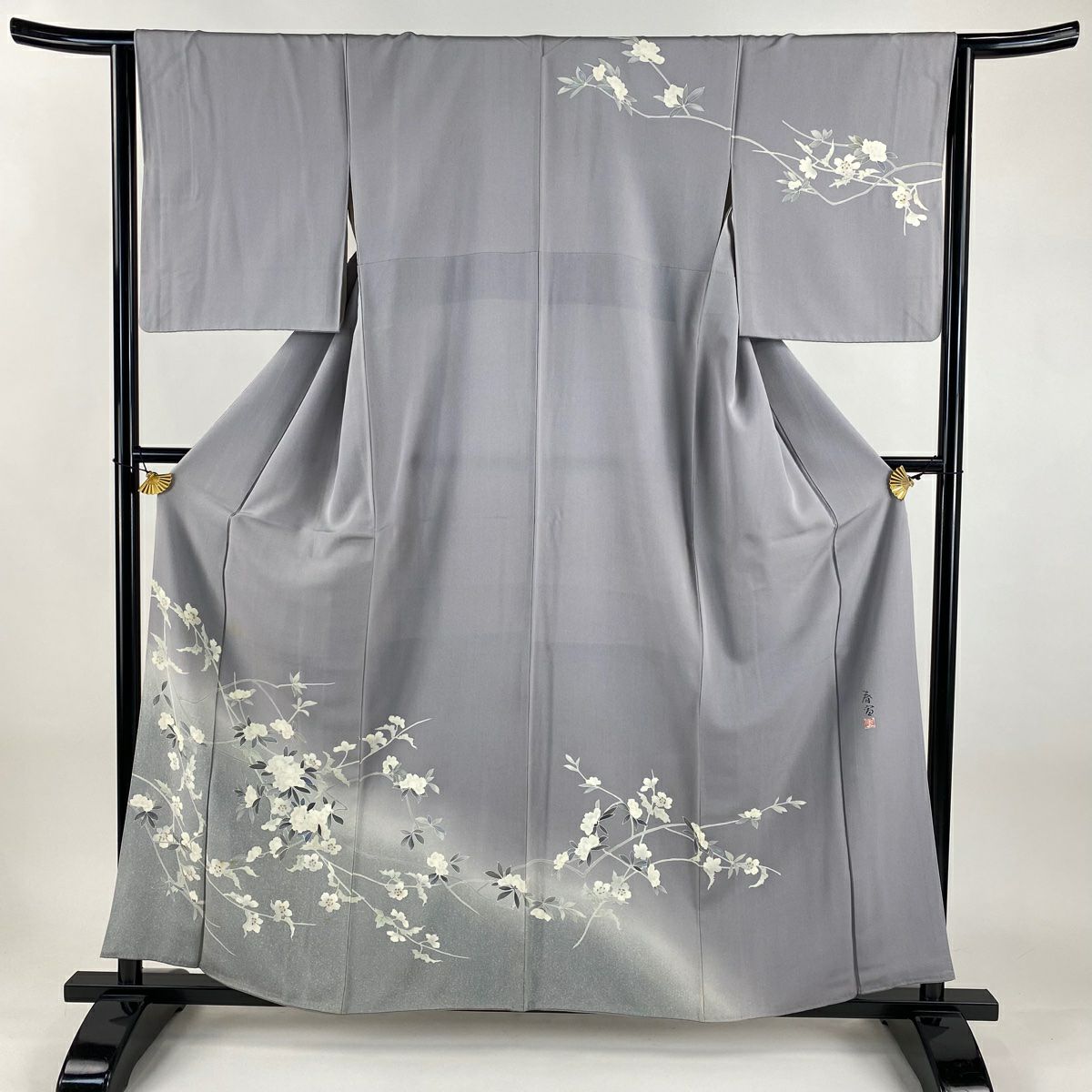 訪問服 身長158.5cm 袖長63.5cm S 雙層 山科春宣 有落款 枝花 染分 金彩裝飾 灰 純蠶絲 名品級
