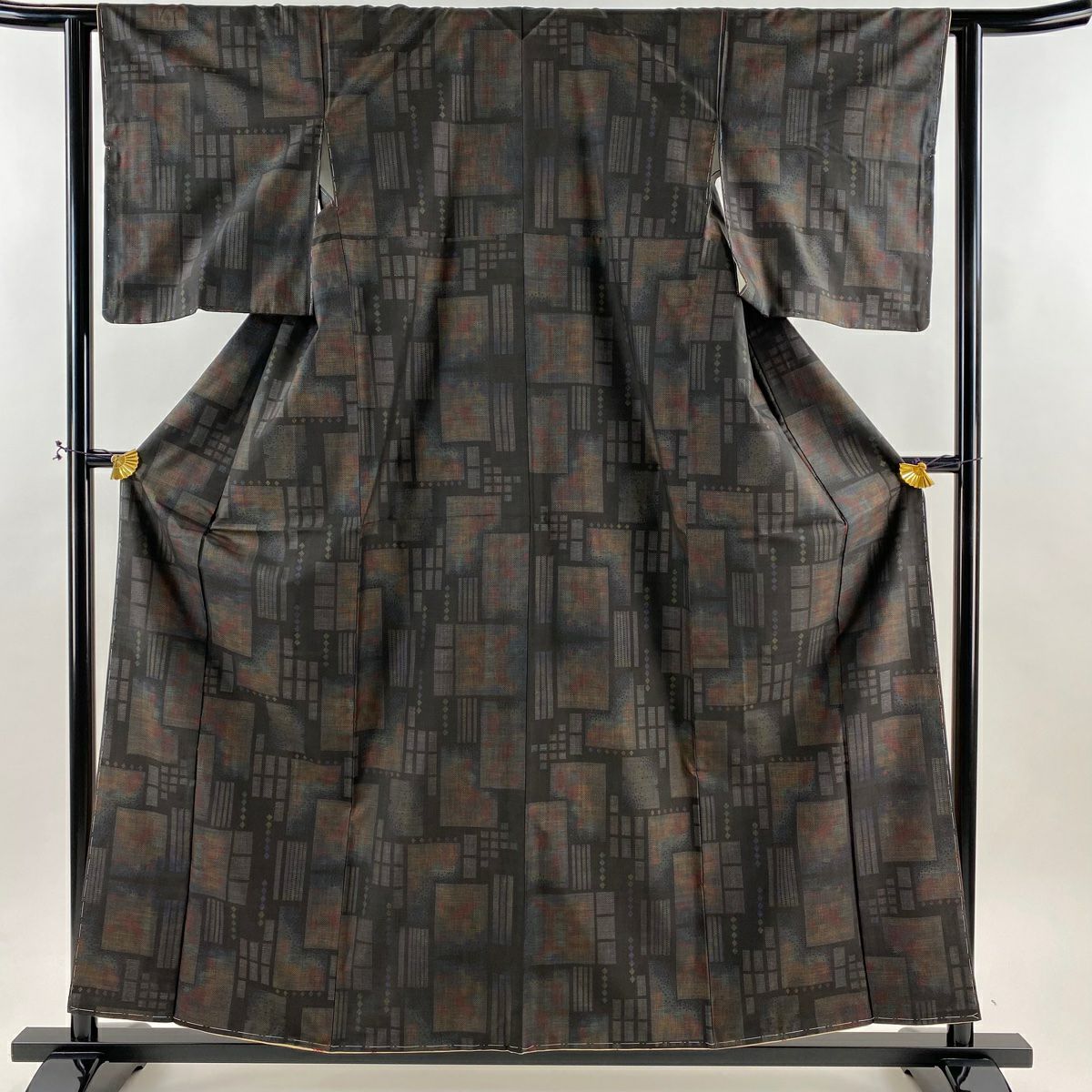 【美品】 大島紬織 身長158cm 袖長61.5cm S 雙層 吉三郎 幾何學 菱 墨 黑 純蠶絲 名品級