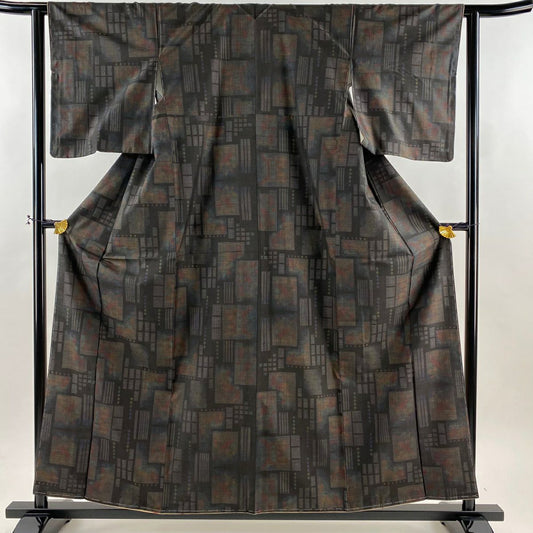 【美品】 大島紬織 身長158cm 袖長61.5cm S 雙層 吉三郎 幾何學 菱 墨 黑 純蠶絲 名品級