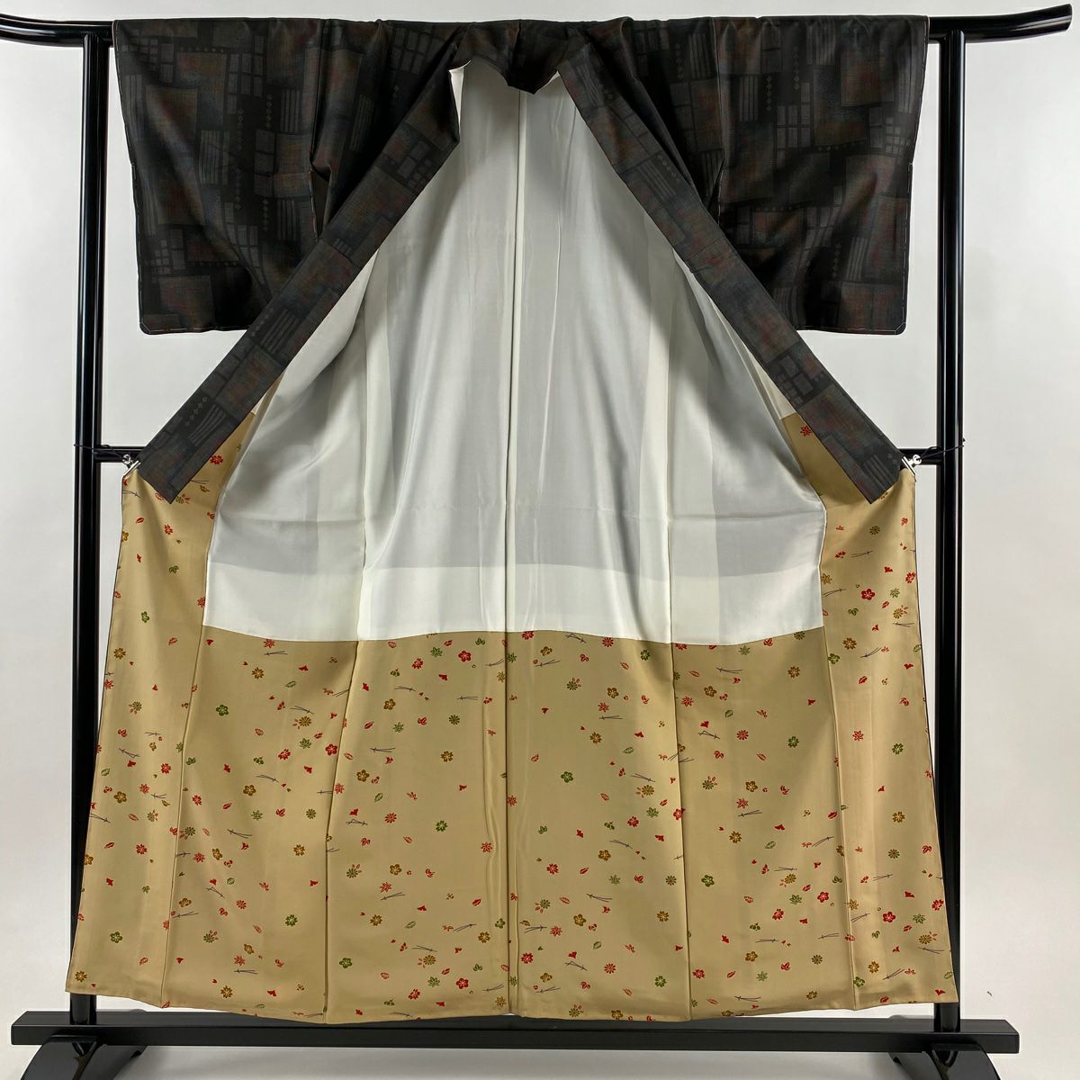 【美品】 大島紬織 身長158cm 袖長61.5cm S 雙層 吉三郎 幾何學 菱 墨 黑 純蠶絲 名品級