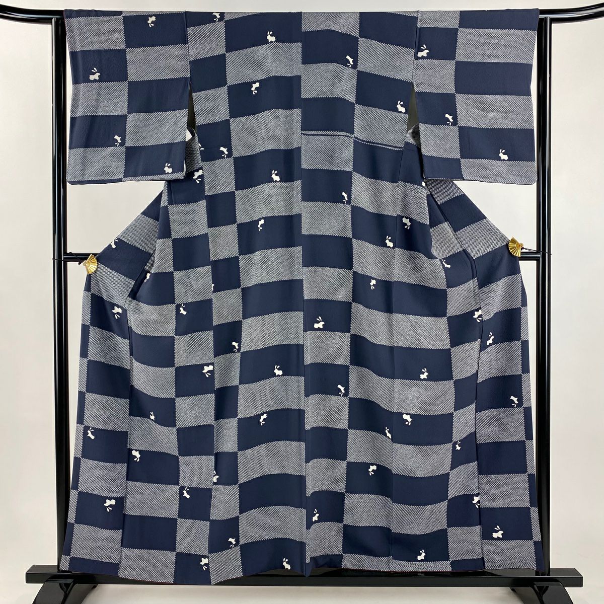 【美品】 小紋 身長158.5cm 袖長63cm S 雙層 兔子 變化市松樹 絞織 深藍 純蠶絲 名品級