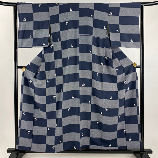 【美品】 小紋 身長158.5cm 袖長63cm S 雙層 兔子 變化市松樹 絞織 深藍 純蠶絲 名品級